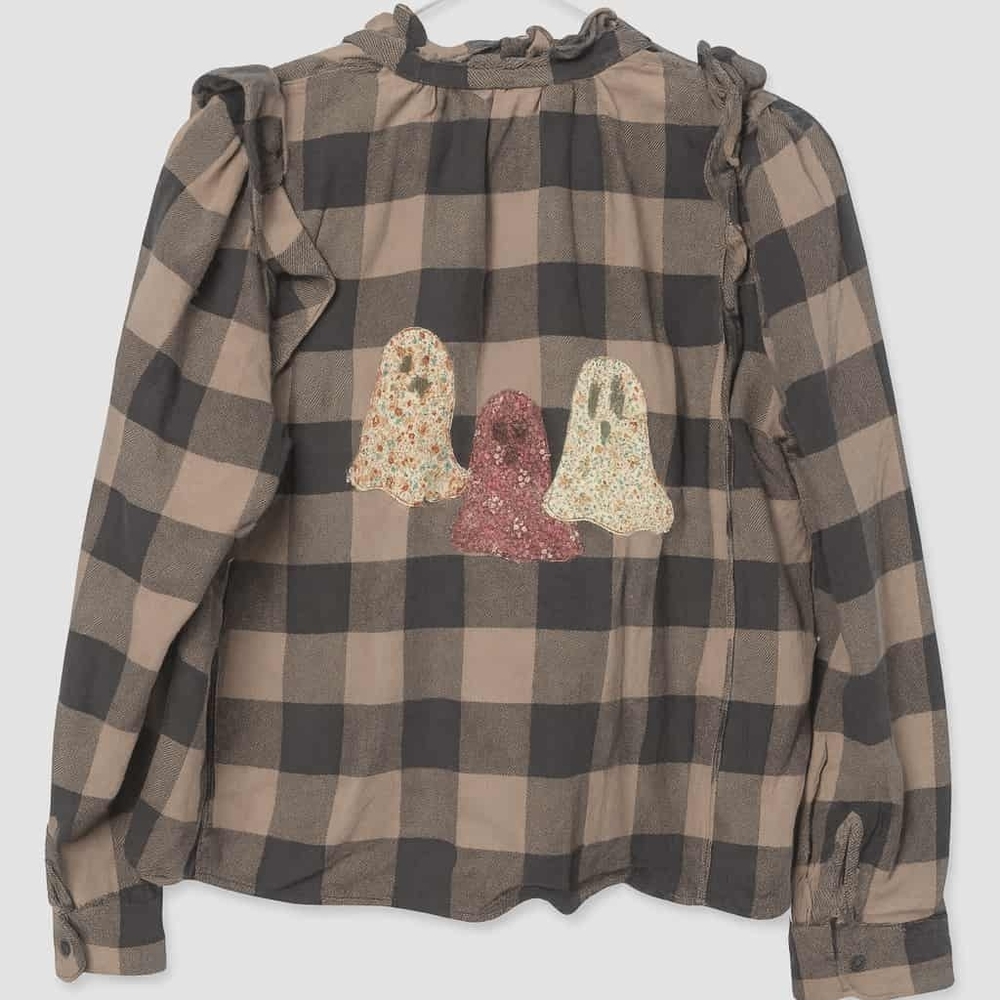 Wilfred Free Black and Tan Plaid Flannel Shirt with Ghost Applique - Picture 1 of 5